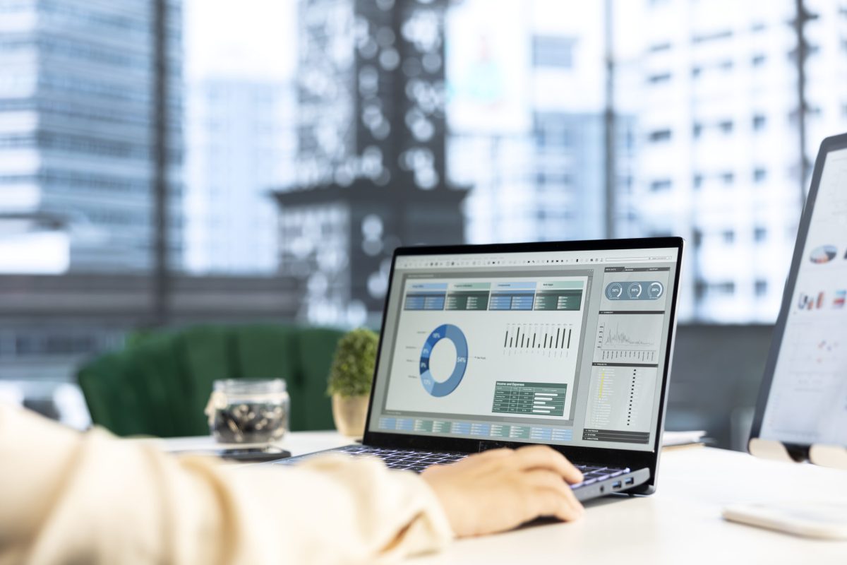 Business leader and trader searching for a new investment solution, examining trading risks and opportunities for company development. Female CEO planning finances and doing research.